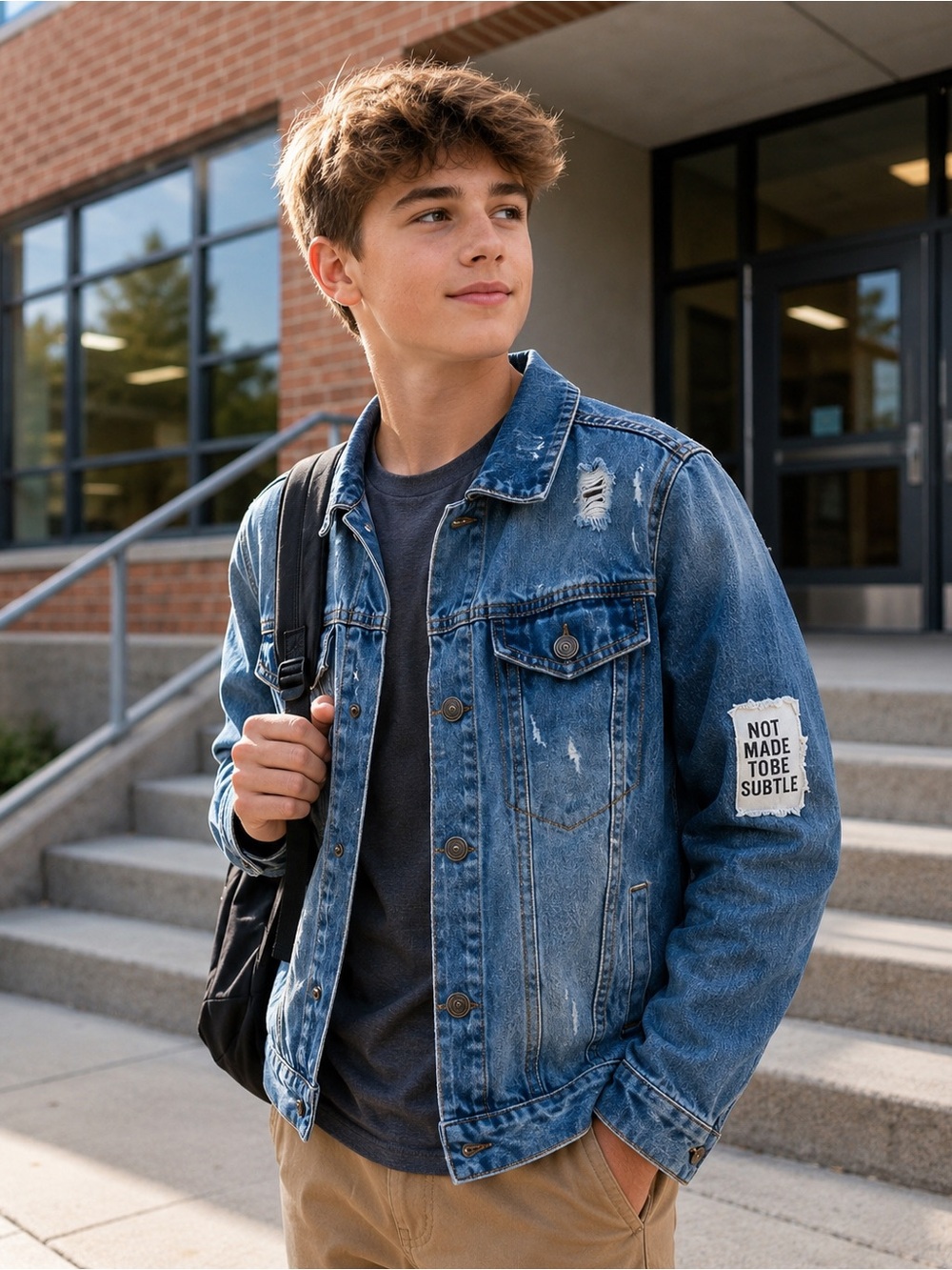Teen Distressed Blue Denim Jacket with Sleeve Patch